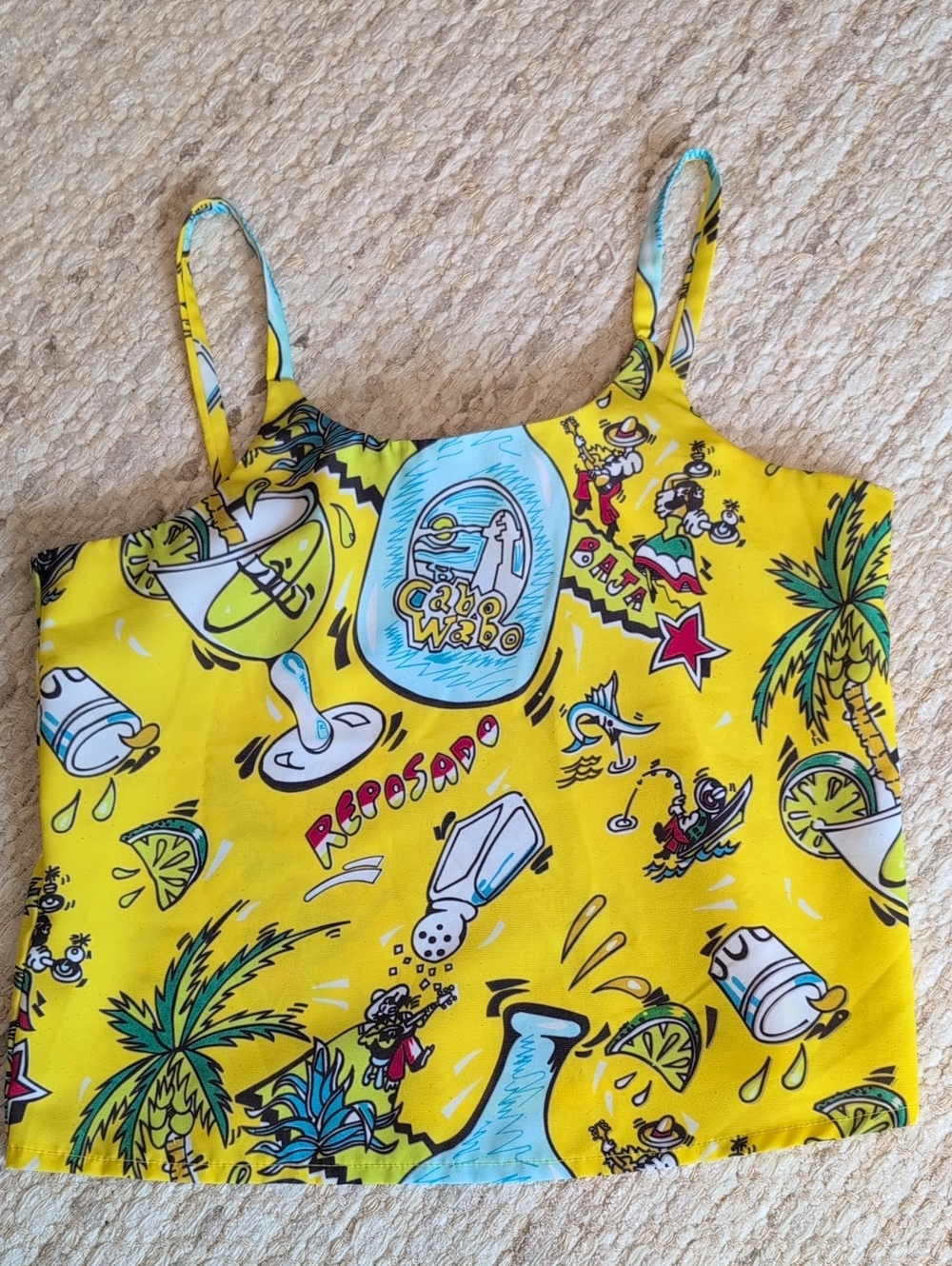 Yellow Graphic Tank Top - Women's Y2K 90's Crop Fit Tropical Medium, Fits Small